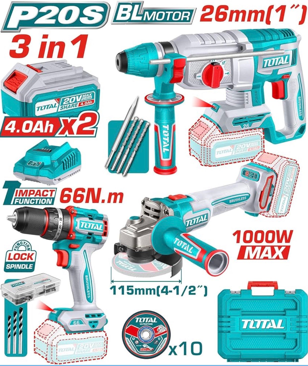 طقم كومبو (هيلتي - شنيور - صاروخ ) 2 بطاريه 4امبير توتال Total